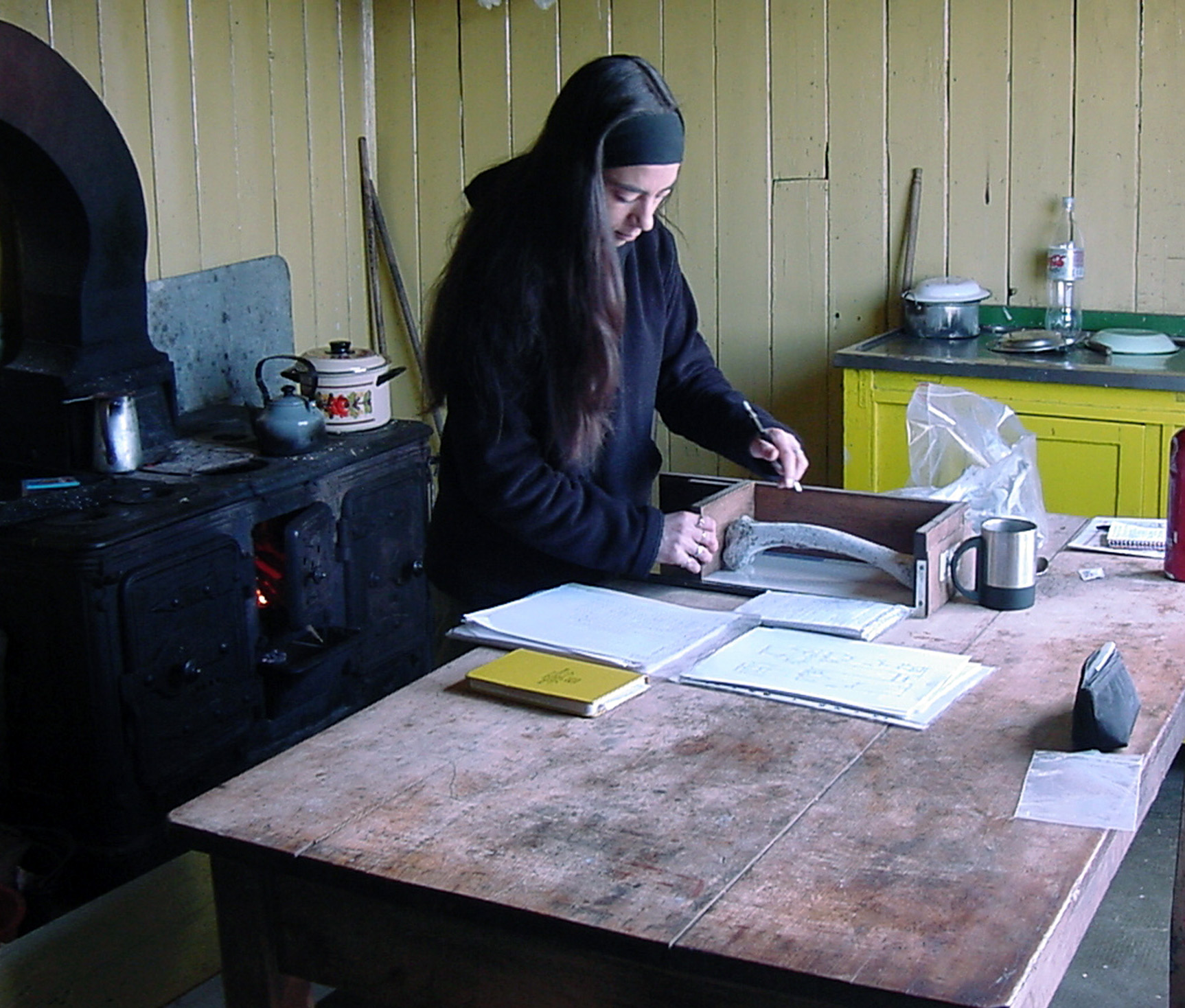 G. Lorena L´Heureux midiendo huesos de guanaco colectados en el campo. Foto: R. Barberena. Creative Commons.
