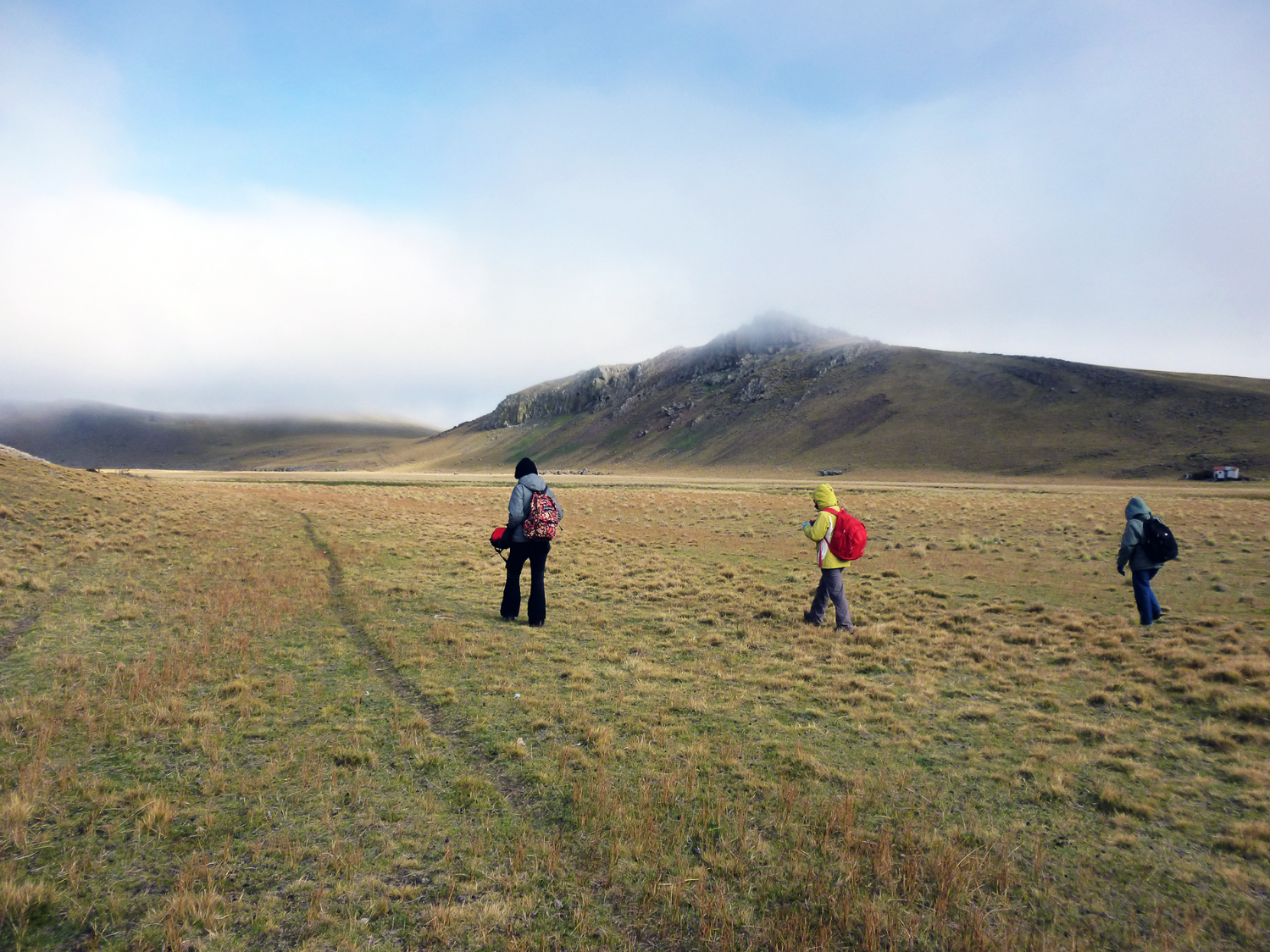 K. Borrazzo, C. Pallo y L. Manzi realizando transectas en el valle del río Chico, Ea. Pali Aike. Foto: G. L. L’Heureux. Creative Commons.