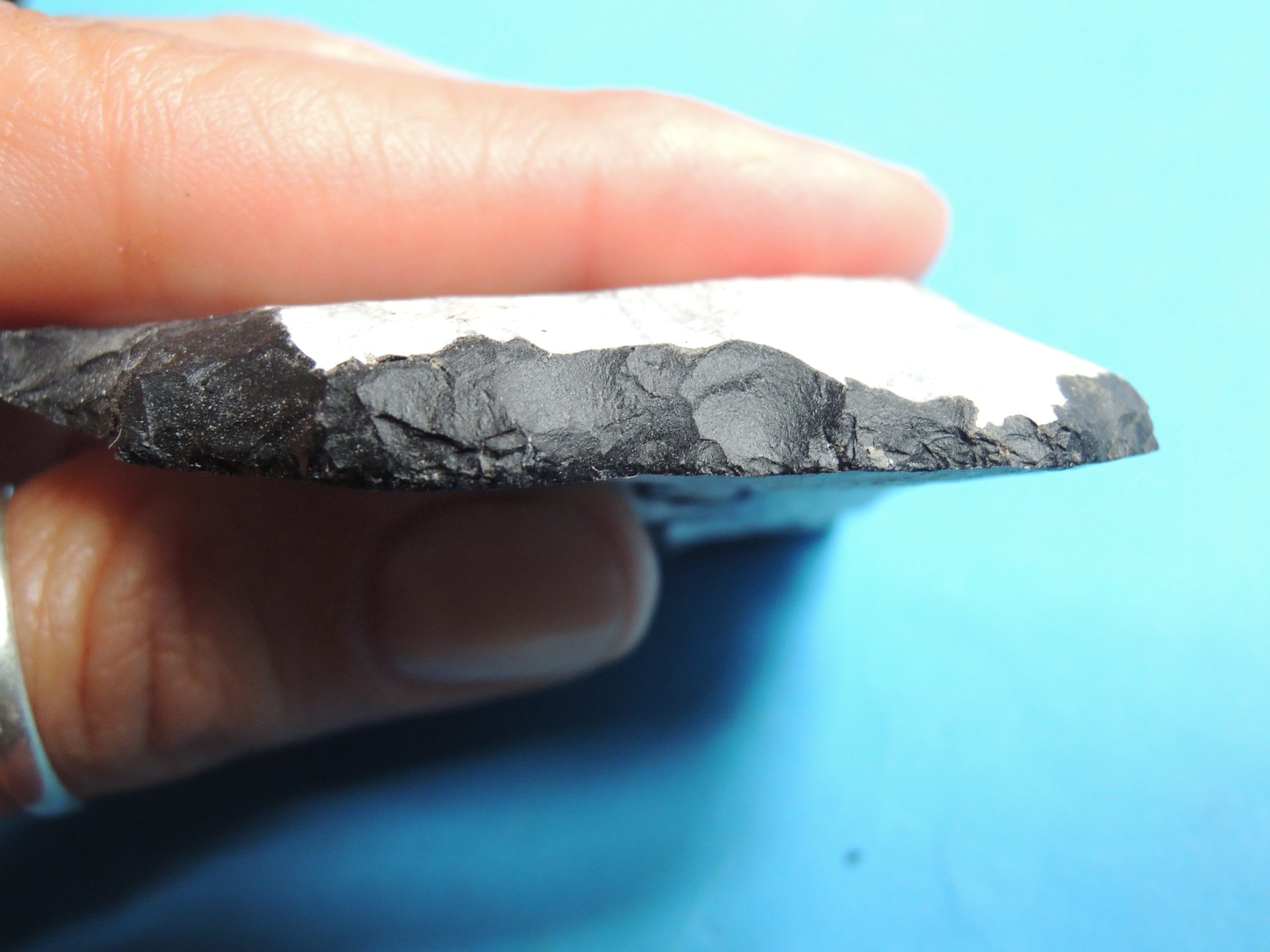 Pieza lítica experimental con transformación borde producida por pisoteo humano sobre sustrato duro. Autora de la foto - K. Borrazzo. Creative Commons.